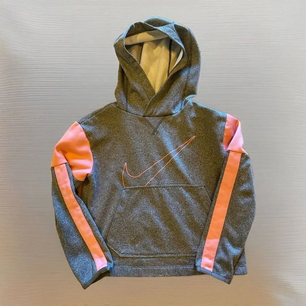 Nike Dri-Fit‎ Girls Size S Hoodie Gray/Pink Logo Sweatshirt Kangaroo Pocket